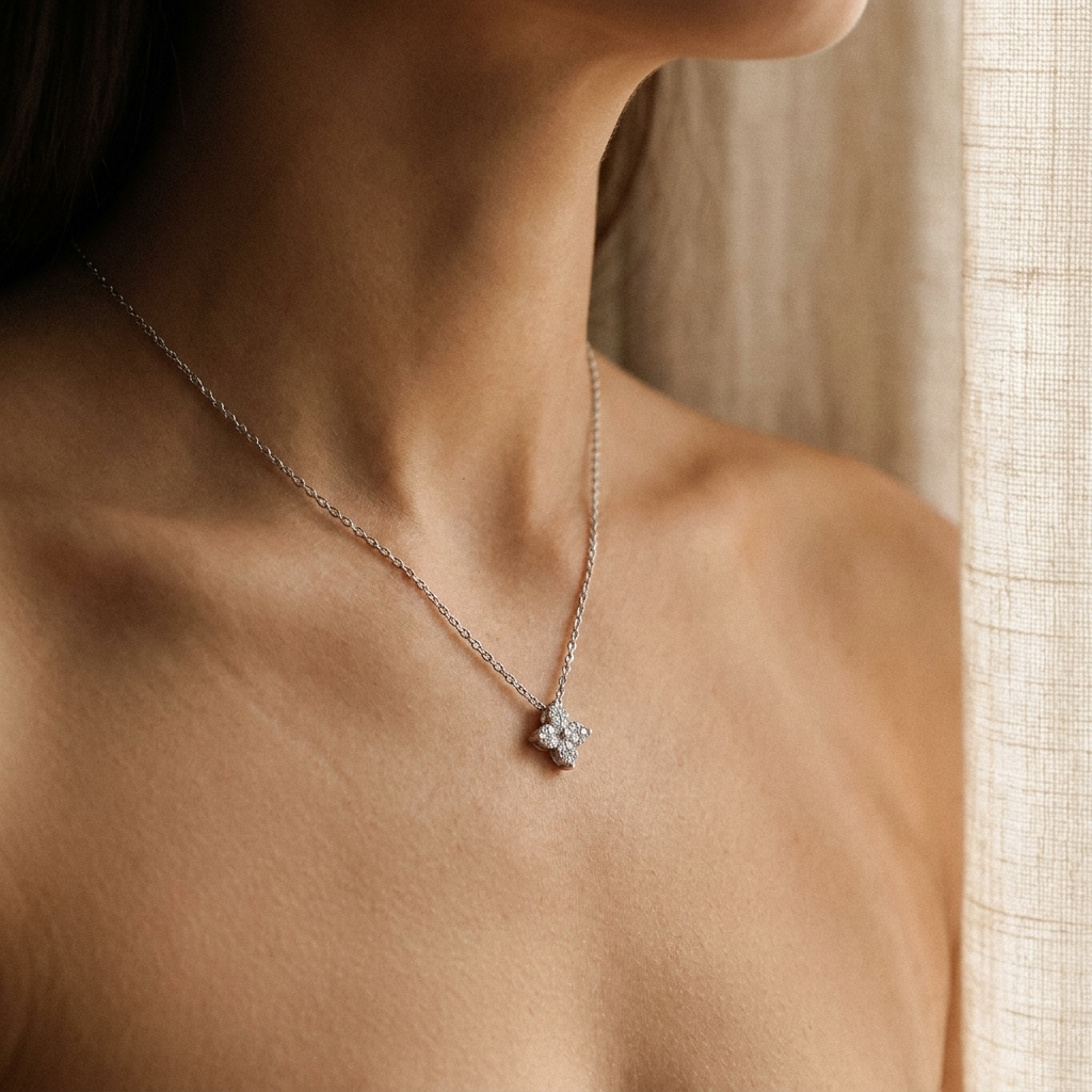 Gold Pavé Clover Pendant Necklace – Dainty CZ Four-Leaf Gold-Plated Chain Necklace Gift