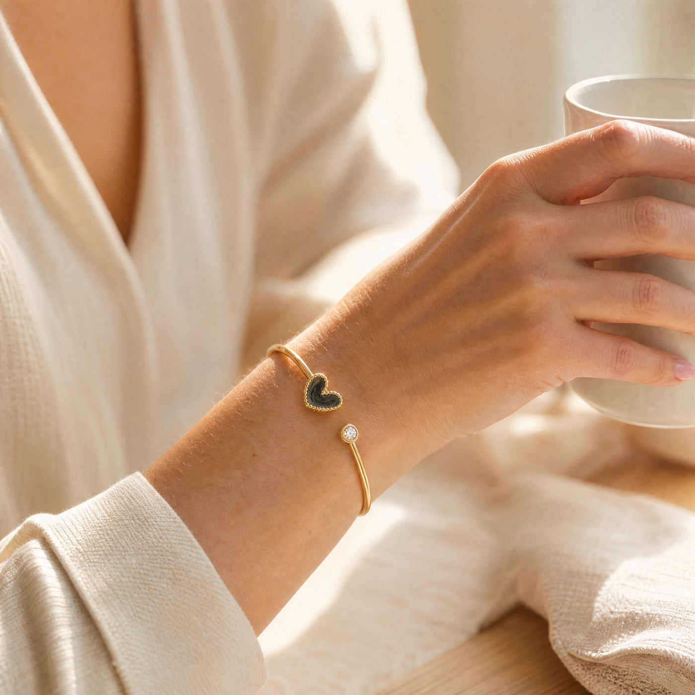Gold Heart Cuff Bangle – Dainty Gold Stainless Steel Bracelet, Gift for Her