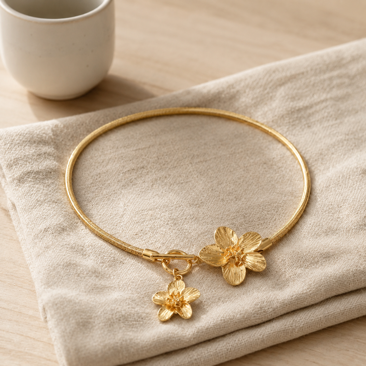 Gold Flower Snake Chain Choker – OT Toggle Floral Pendant Necklace, Gift for Her