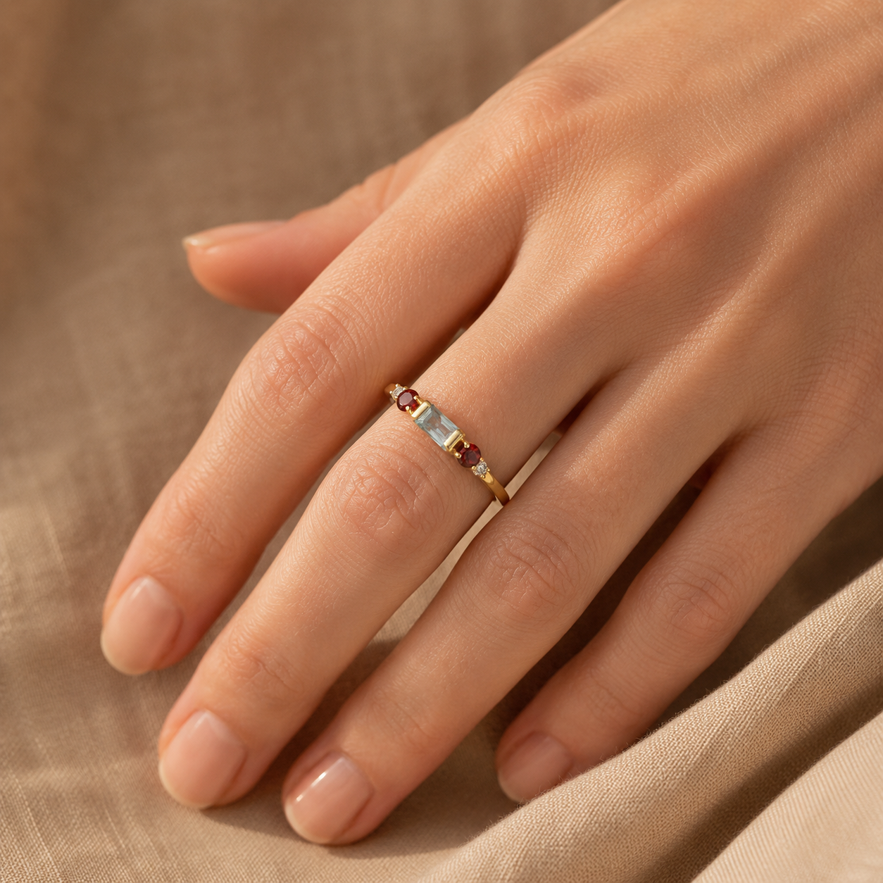 Gold Baguette & Garnet CZ Ring – Dainty Multi-Stone Stacking Ring, Gift for Her