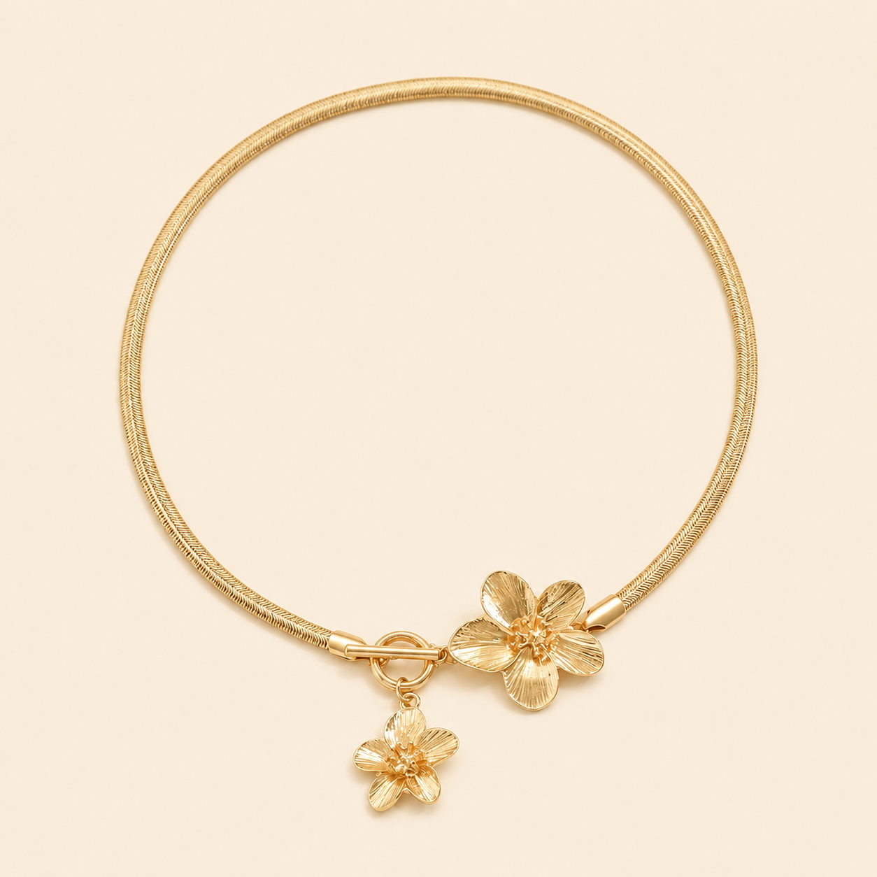 Gold Flower Snake Chain Choker – OT Toggle Floral Pendant Necklace, Gift for Her