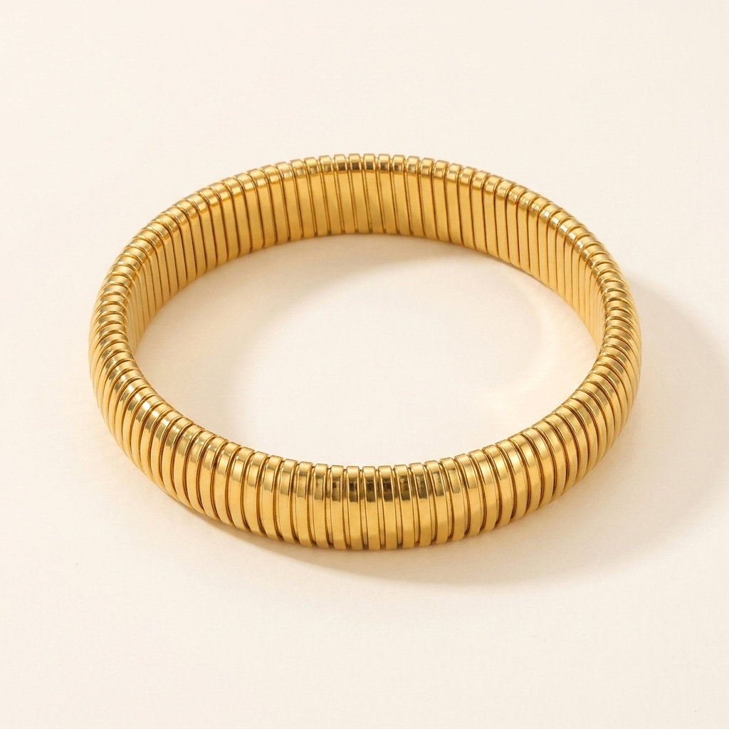 Gold Ribbed Cuff Bracelet – Elastic Stainless Steel Retro Bangle, Unisex Gift