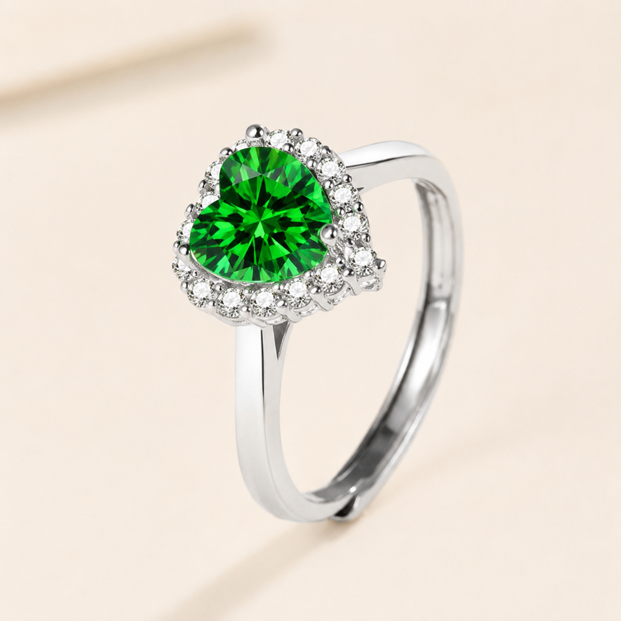 Silver Heart Zircon Ring – Adjustable Open Band, Pavé Halo CZ, Dainty Romantic Gift for Her