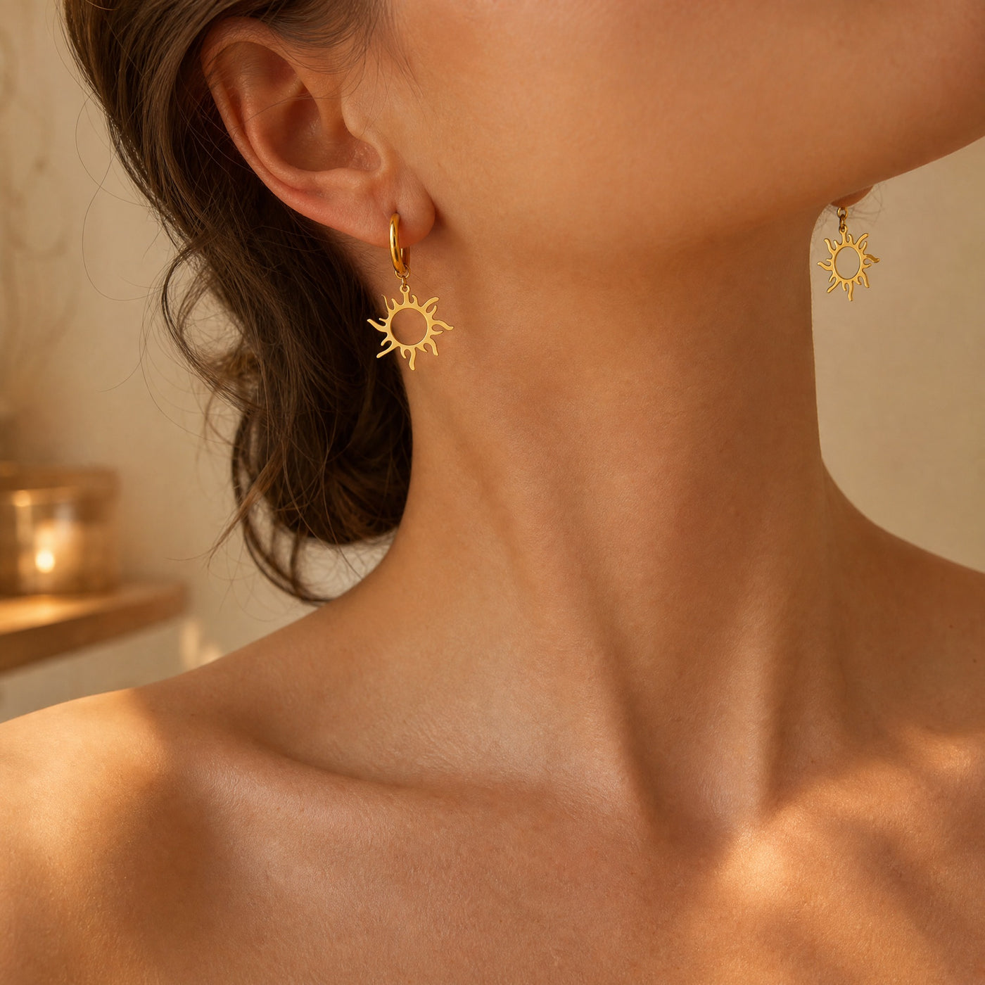 Gold Sun Charm Hoop Earrings – Dainty Celestial Drop Earrings, Boho Gift for Her