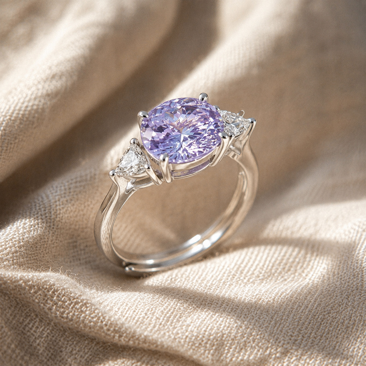 Silver Purple CZ Three Stone Ring – Adjustable Oval Ice Flower Cut Sterling Look Promise Ring