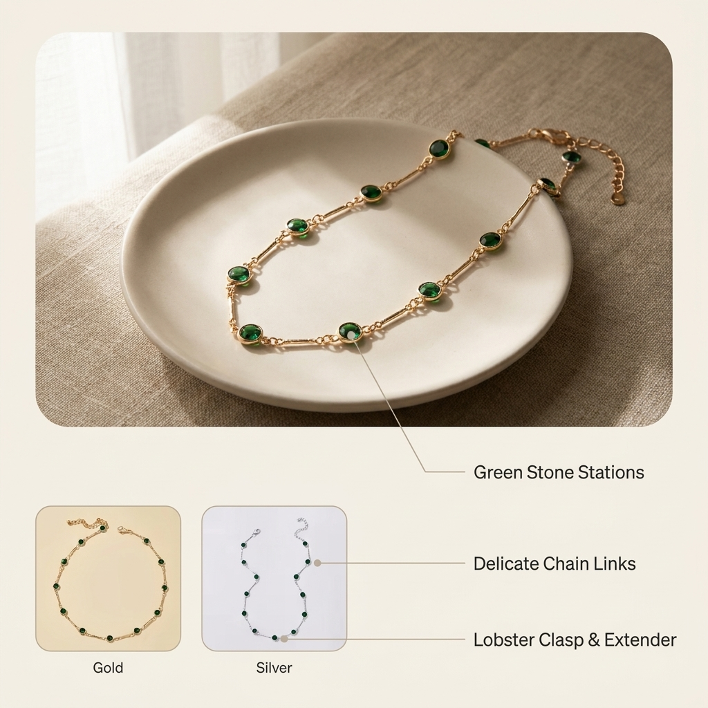 Green Stone Station Necklace – Dainty Gold Silver Chain Choker, Minimalist Gift for Her