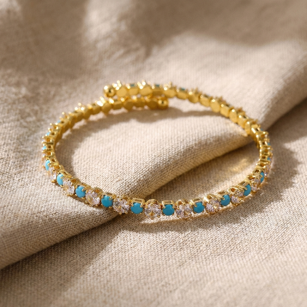 Turquoise CZ Gold Bangle – Dainty Pavé Tennis Bracelet, Boho Layering Jewelry Gift for Her