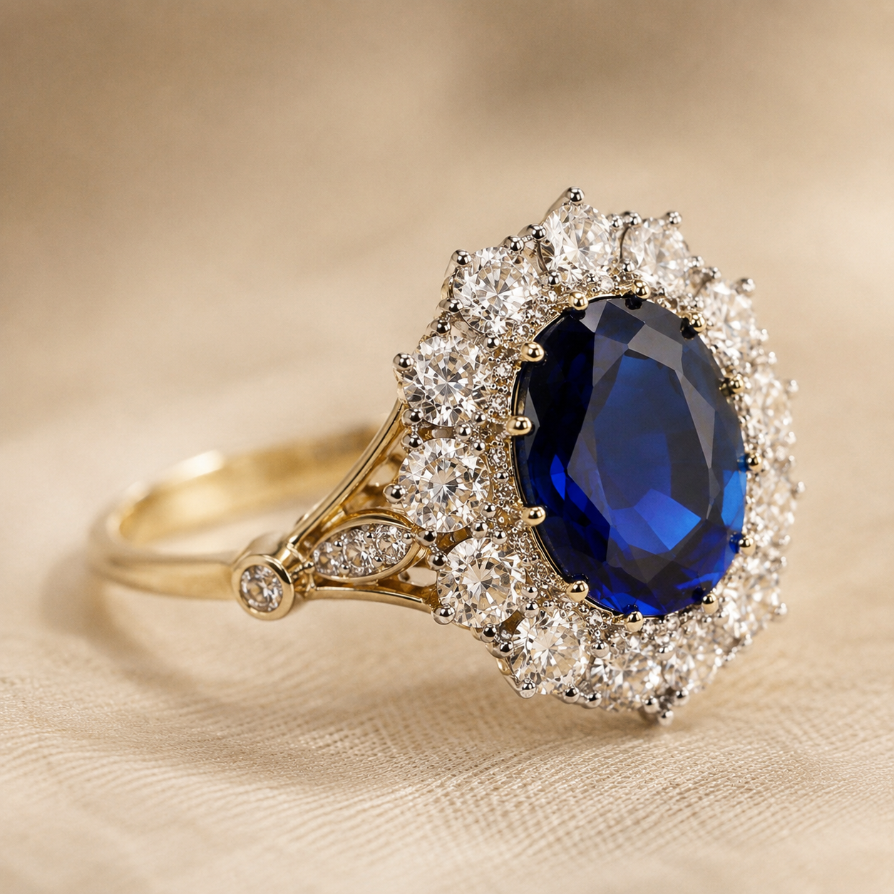 Blue Oval CZ Halo Ring – Gold Sapphire-Look Statement Ring for Women