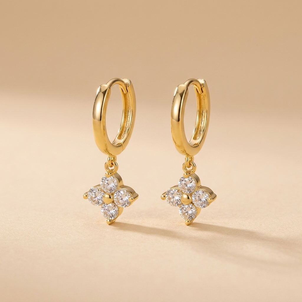 Pavé Clover Hoop Earrings – Dainty CZ Charm Huggie Hoops, Gift for Her