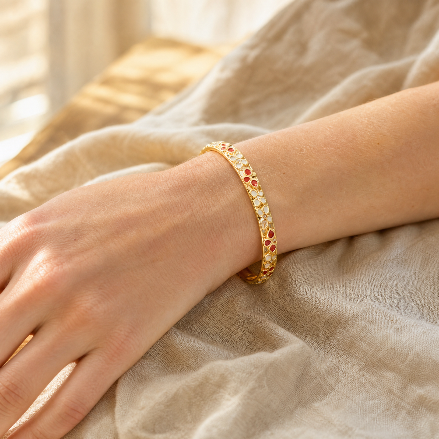 Gold Enamel Flower Bangle – Vintage Floral Copper Bracelet, Dainty Gift for Her