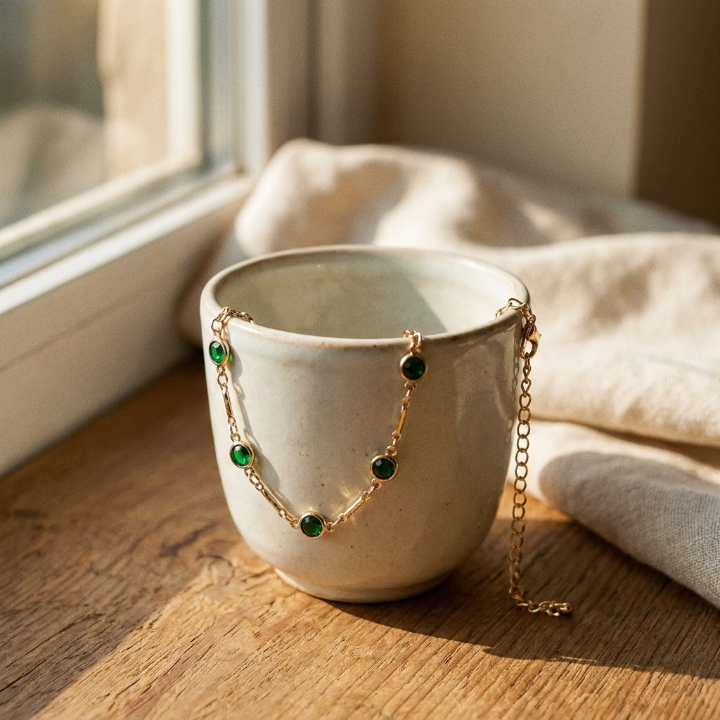 Green Stone Station Necklace – Dainty Gold Silver Chain Choker, Minimalist Gift for Her