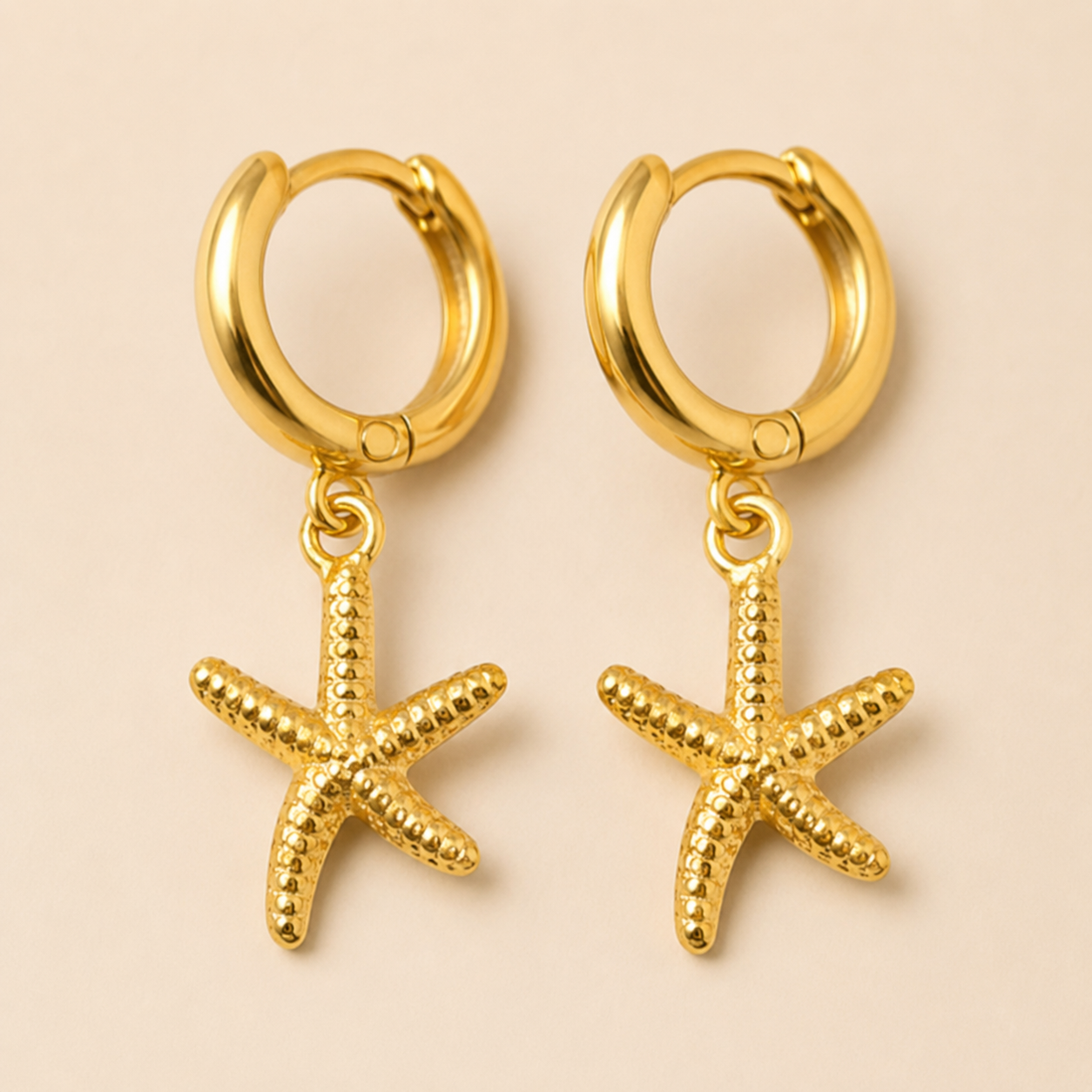 Gold Starfish Hoop Earrings – Dainty Dangle Gold Huggie Earrings, Beach Gift for Her