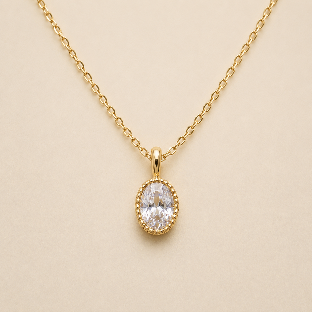 Gold Oval CZ Pendant Necklace – Dainty Milgrain Bezel Solitaire Chain, Gift for Her