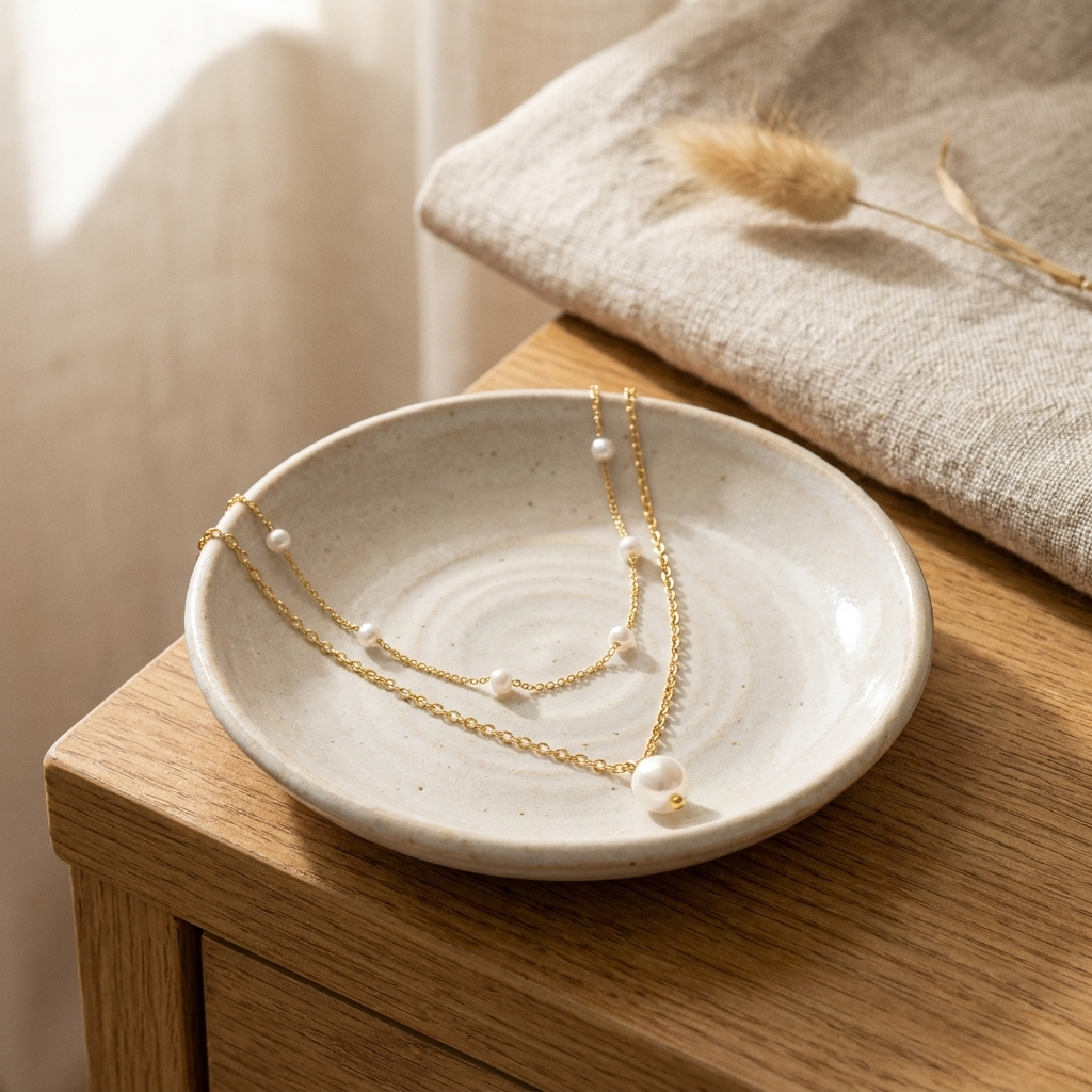 Layered Pearl Necklace – Dainty Two-Layer Pearl Chain Necklace, Minimalist Gift for Her