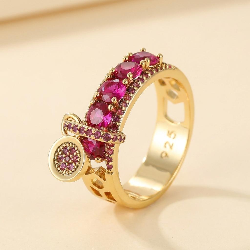 Pavé CZ Charm Ring – Pink Zircon Dangle Statement Ring, Gift for Her