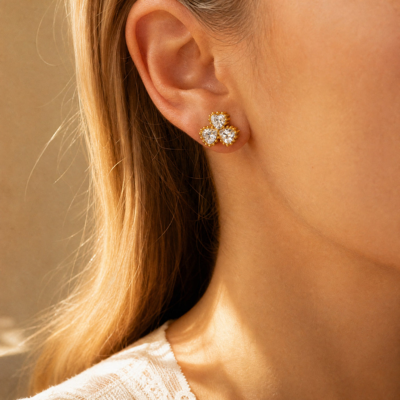 Gold Triple Heart Clover Stud Earrings – Dainty CZ Gold Studs, Minimalist Gift for Her