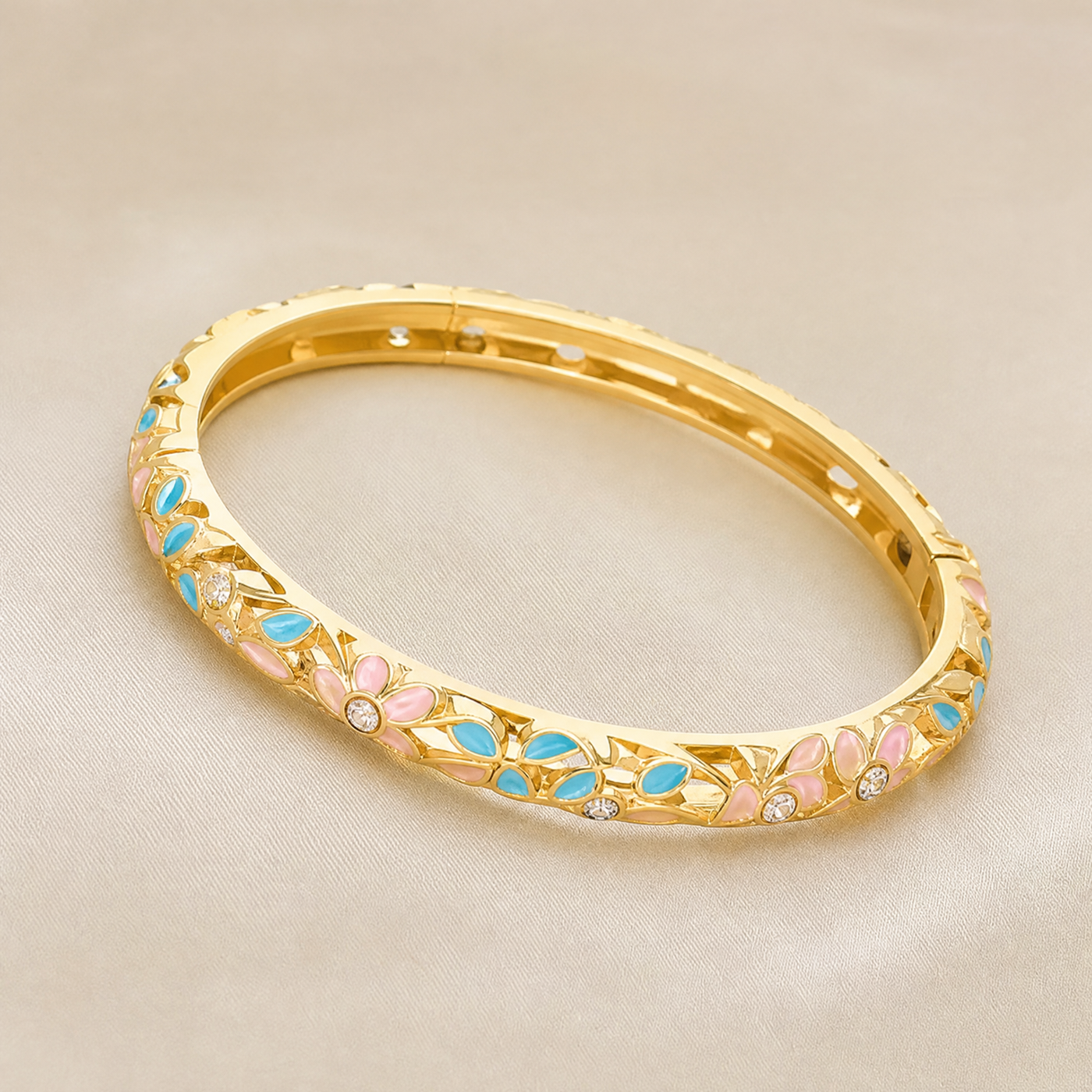 Gold Enamel Flower Bangle – Vintage Floral Copper Bracelet, Dainty Gift for Her
