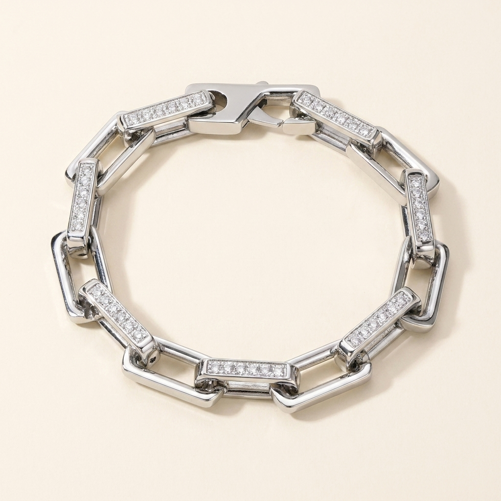 Pavé Chain Link Bracelet – CZ Rectangle Link Silver Gold Unisex Statement Bracelet