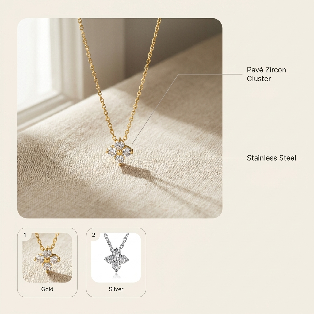 Gold Pavé Clover Pendant Necklace – Dainty CZ Four-Leaf Gold-Plated Chain Necklace Gift