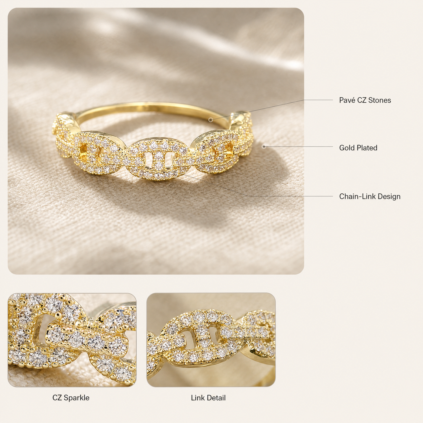 Pavé Mariner Chain Ring – Stackable Gold Silver CZ Band Ring for Women, Dainty Gift