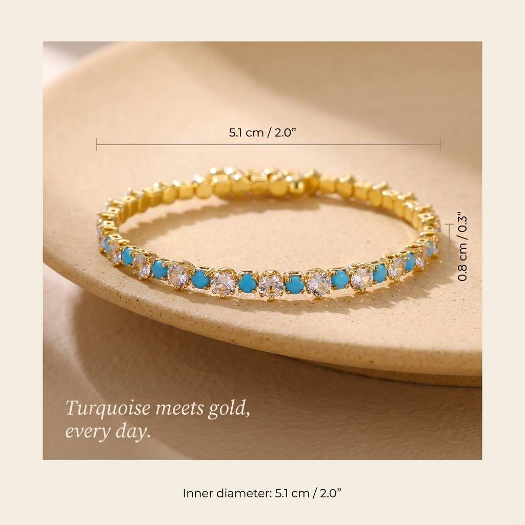 Turquoise CZ Gold Bangle – Dainty Pavé Tennis Bracelet, Boho Layering Jewelry Gift for Her