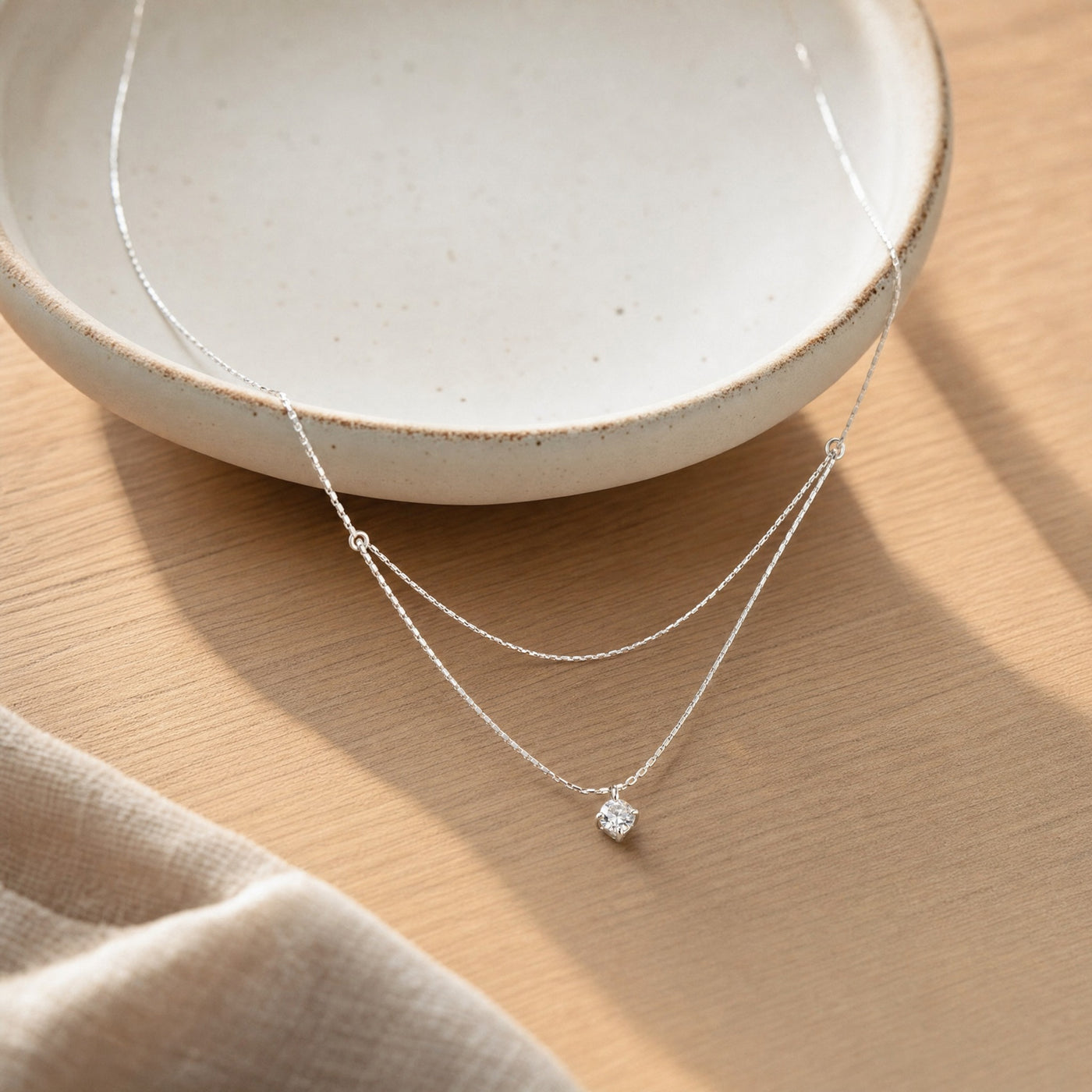 Silver Double Layer CZ Necklace – 925 Sterling Silver Dainty Layered Necklace, Gift for Her