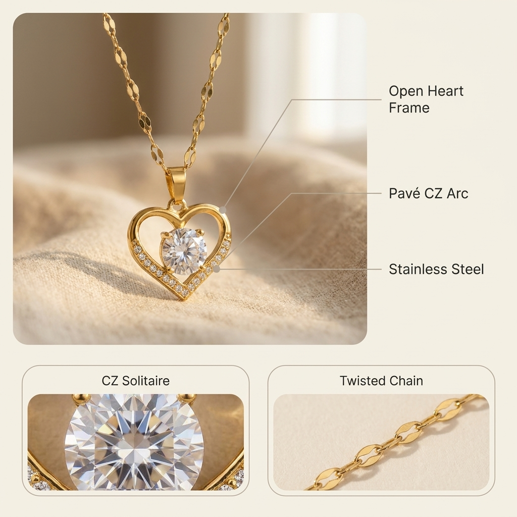 Gold Heart Pendant Necklace – Pavé CZ Dainty Chain, Gift for Her, Women Girls