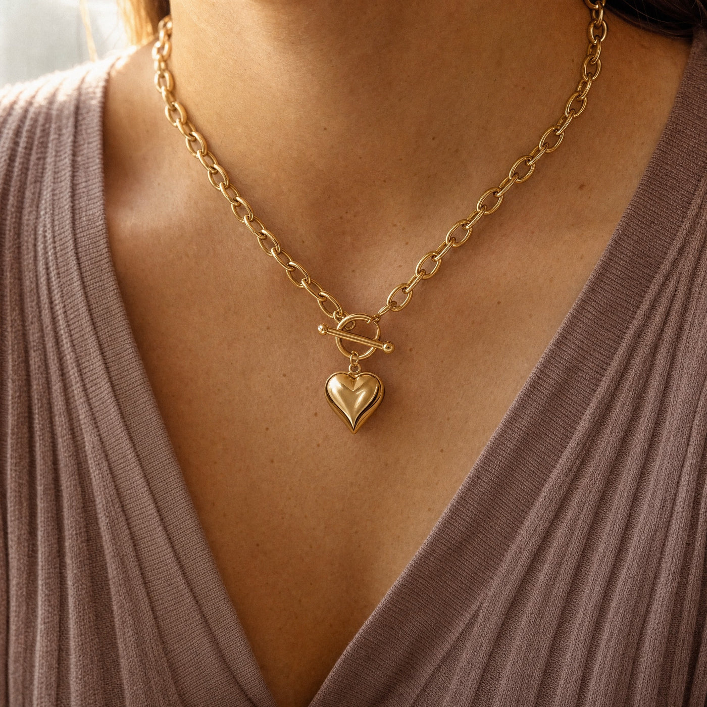 Puffy Heart Toggle Necklace – Gold Silver Chain Choker, Heart Charm Necklace Gift for Her