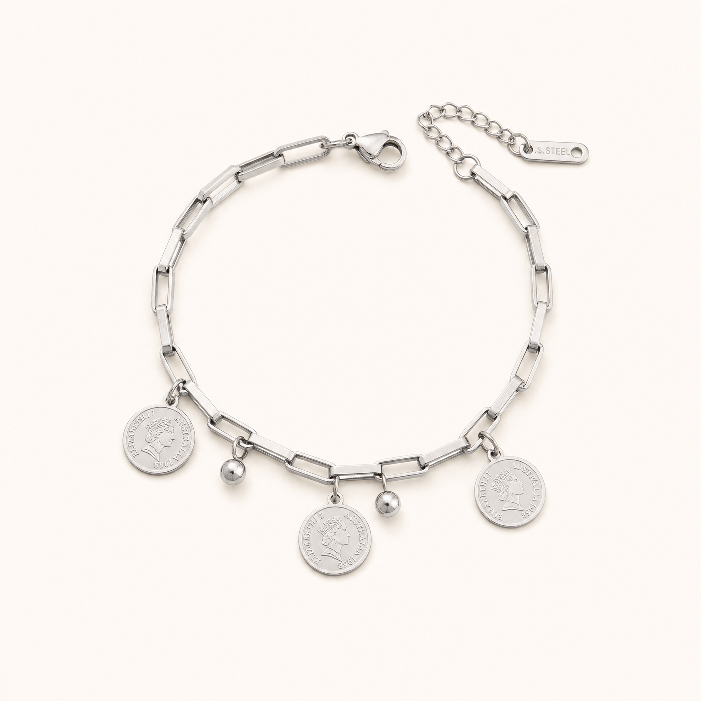 Coin Charm Paperclip Bracelet – Stackable Adjustable Chain Bracelet for Women