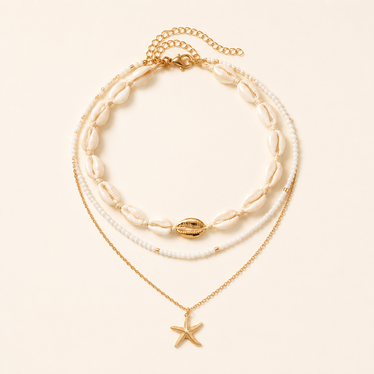 Layered Shell Starfish Necklace Set – Cowrie Choker Seed Bead Gold Boho Beach Jewelry
