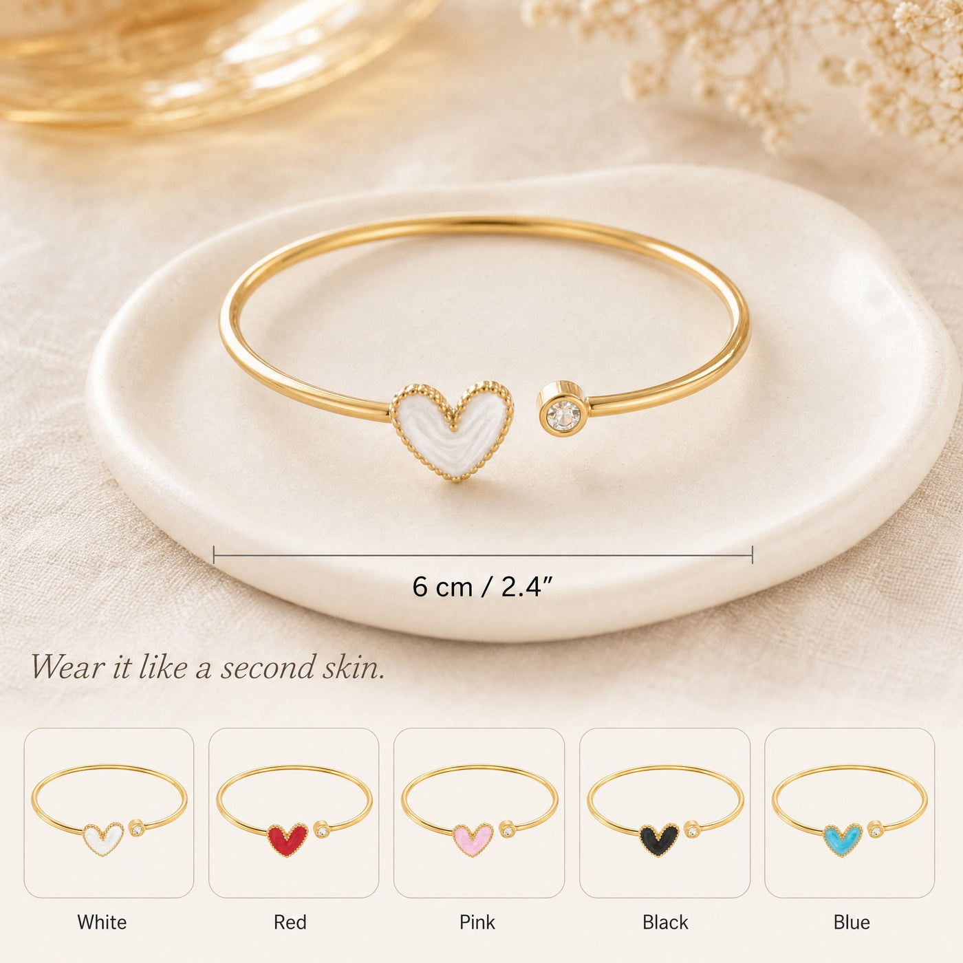 Gold Heart Cuff Bangle – Dainty Gold Stainless Steel Bracelet, Gift for Her