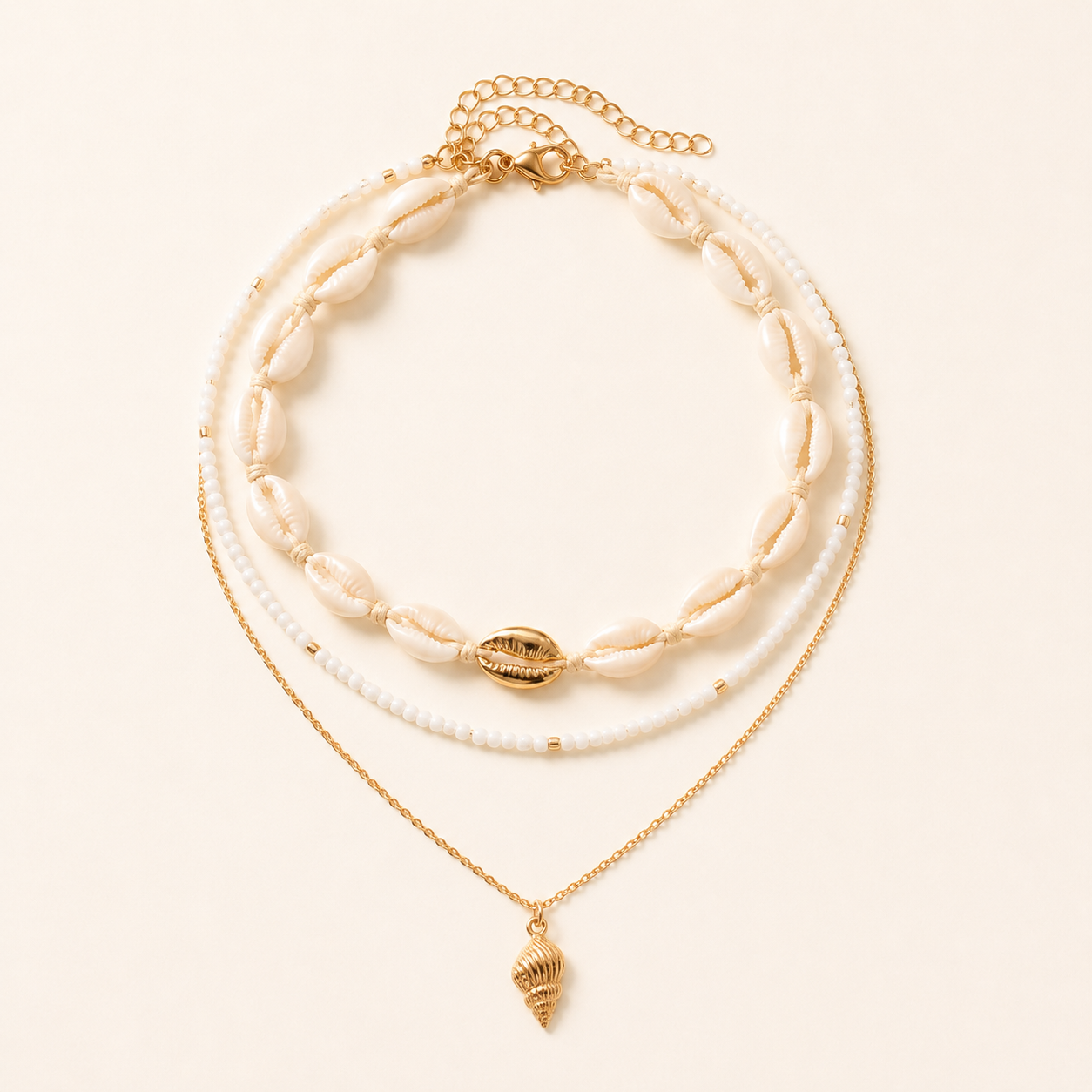 Layered Shell Starfish Necklace Set – Cowrie Choker Seed Bead Gold Boho Beach Jewelry