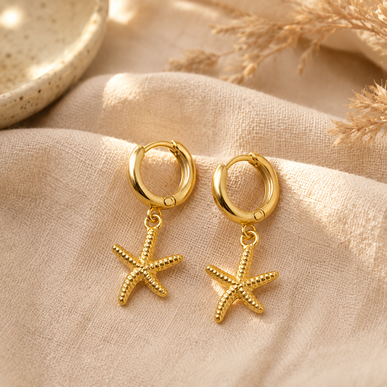 Gold Starfish Hoop Earrings – Dainty Dangle Gold Huggie Earrings, Beach Gift for Her