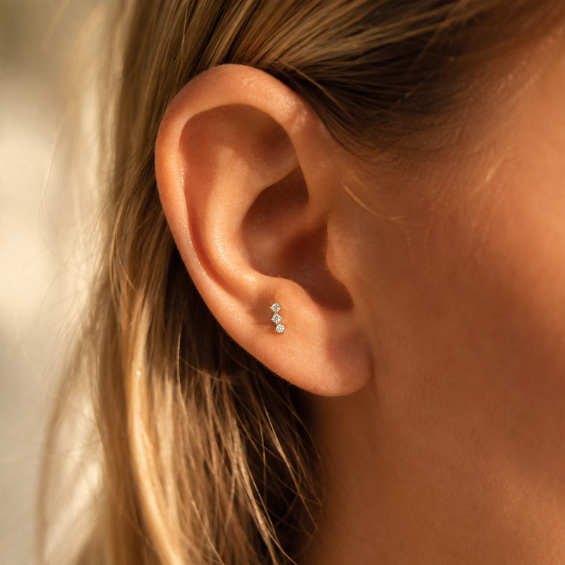 Triple CZ Flat Back Labret Earring – Dainty Gold Silver Cartilage Stud, Gift for Her