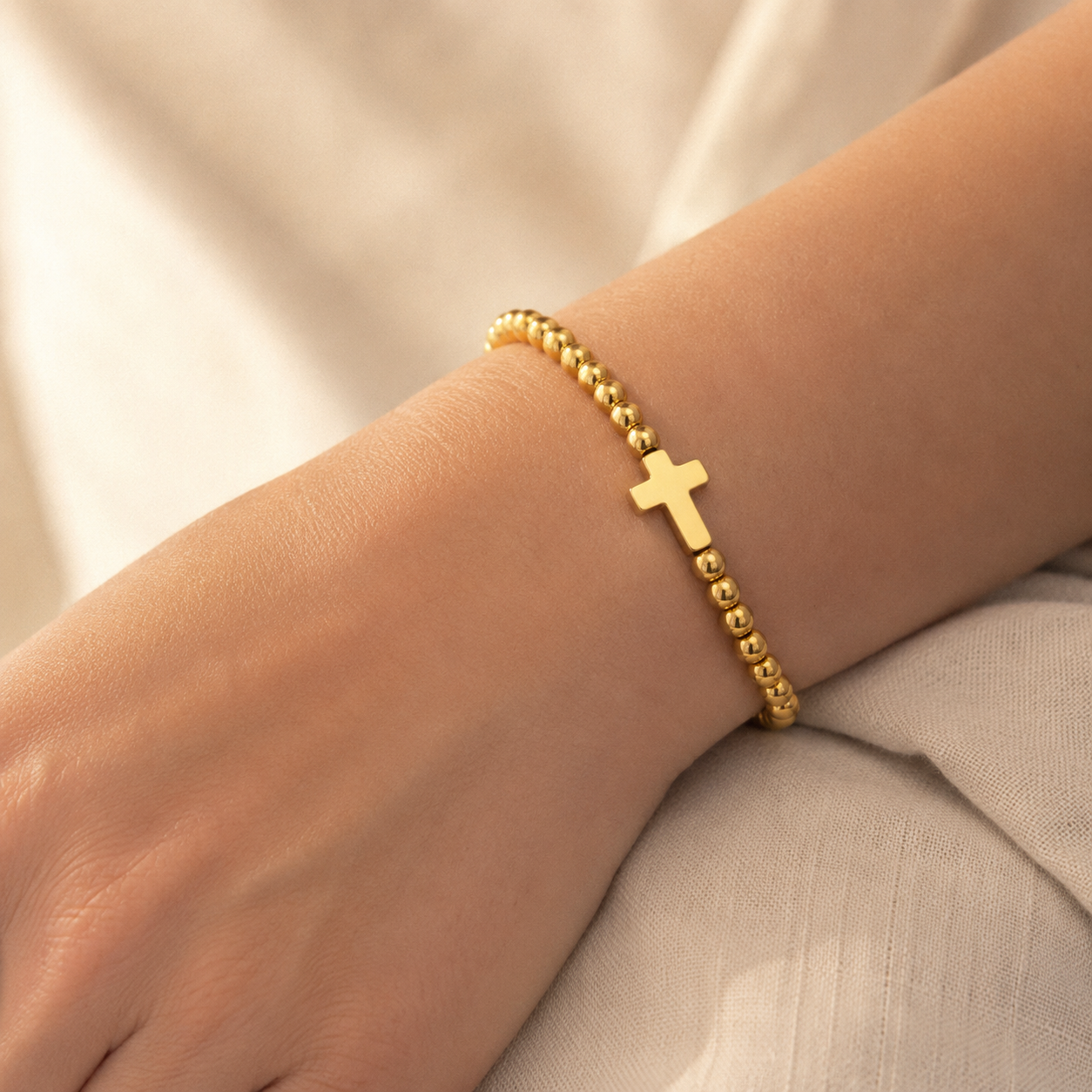 Cross Beaded Stretch Bracelet – Dainty Gold Silver Layering Bracelet, Gift for Her