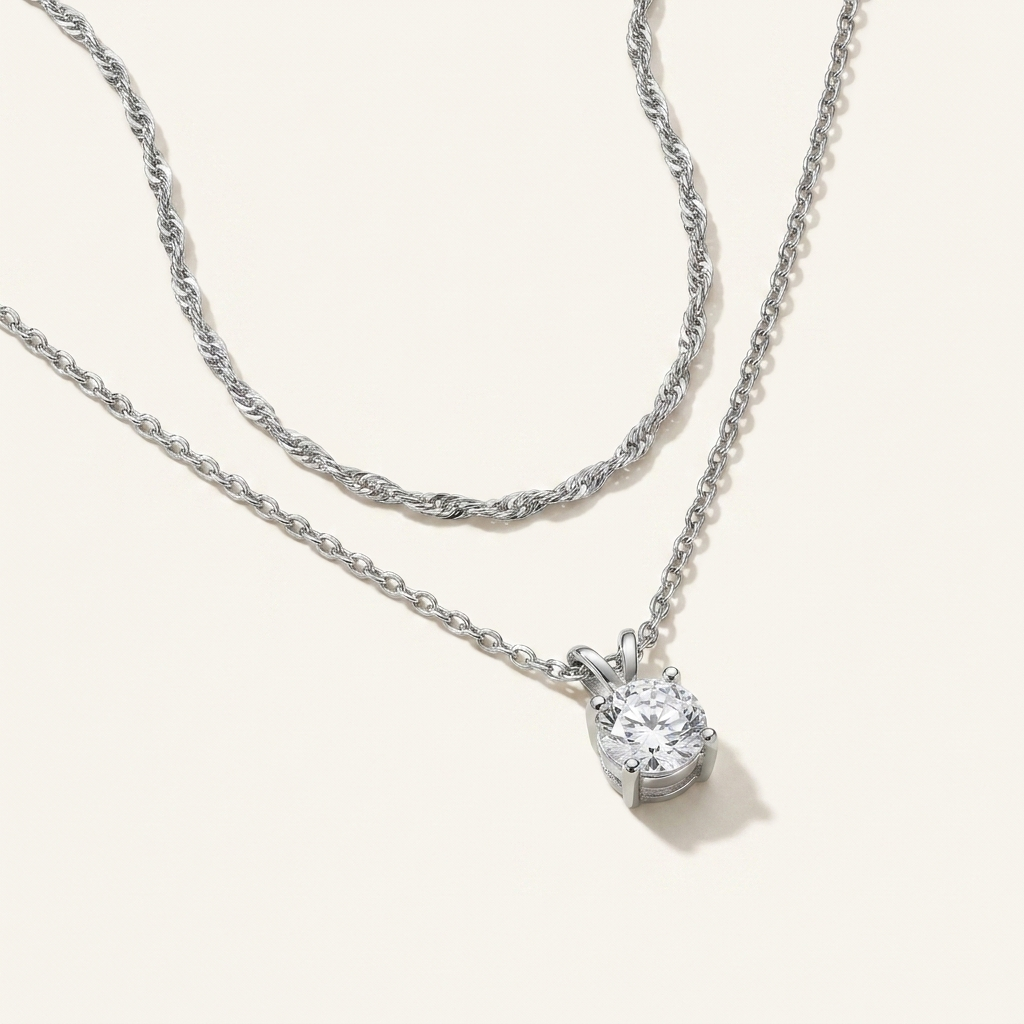 Gold CZ Solitaire Layered Necklace Set – Dainty - Plated Choker, Gift for Her