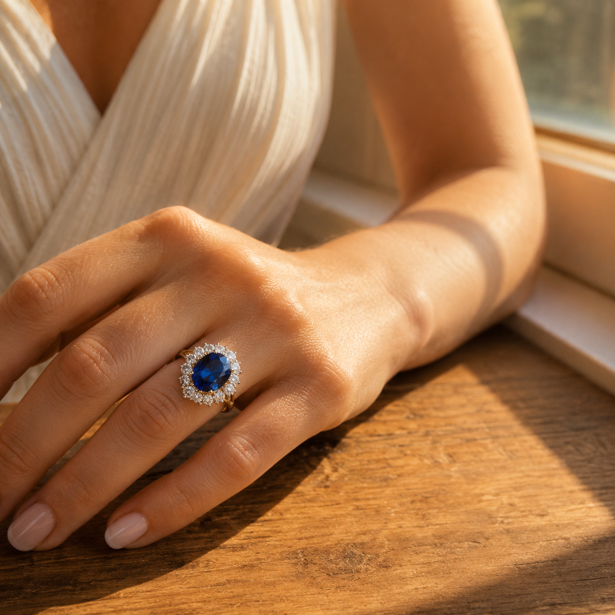 Blue Oval CZ Halo Ring – Gold Sapphire-Look Statement Ring for Women