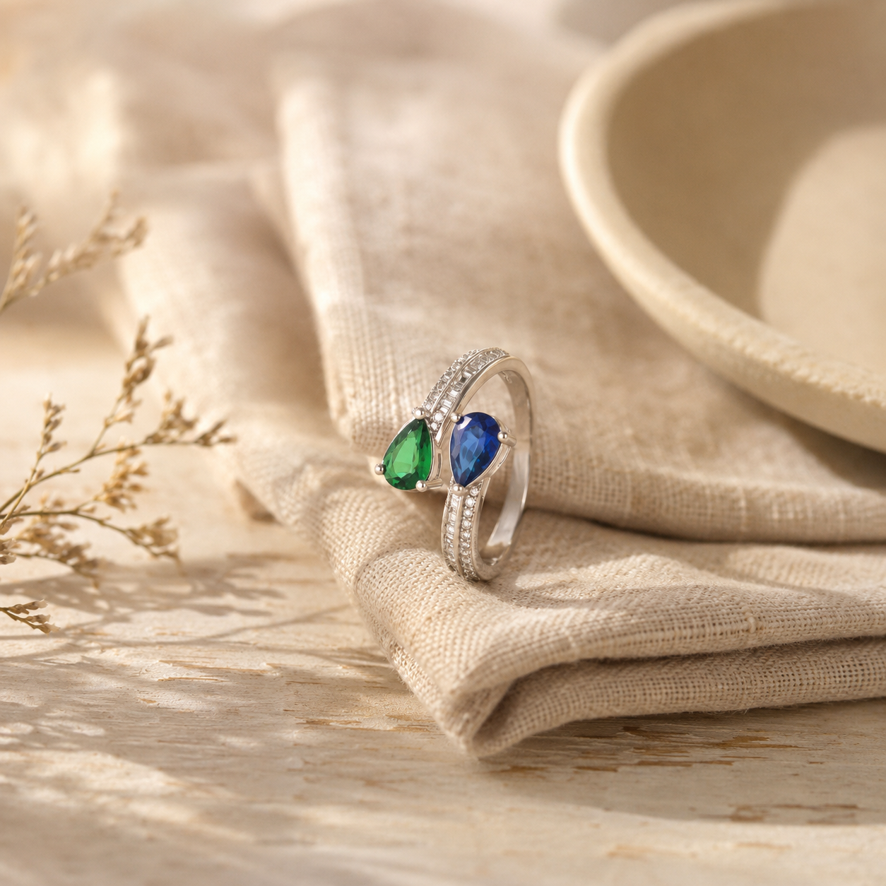Blue Green Dual Teardrop CZ Ring – Silver Open Bypass Pear Stone Ring for Women