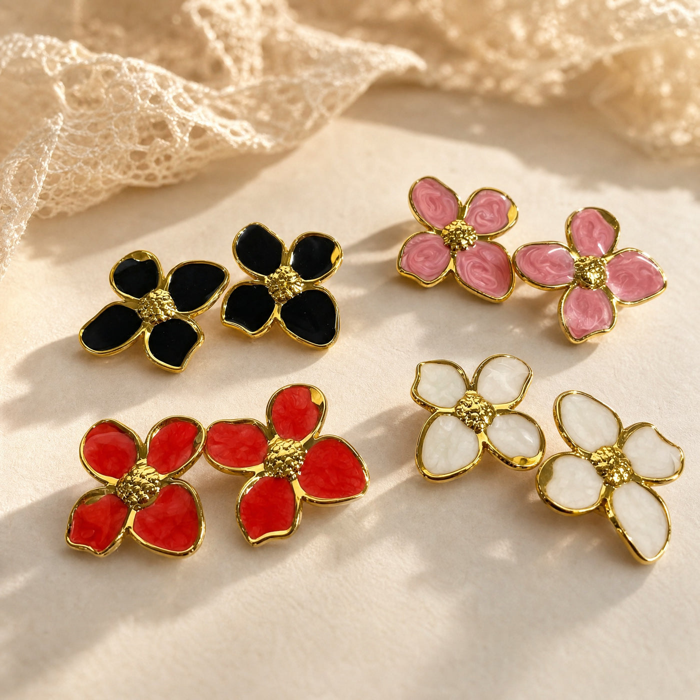 Gold Enamel Flower Stud Earrings – Dainty Floral Gold-Tone Studs, Gift for Her