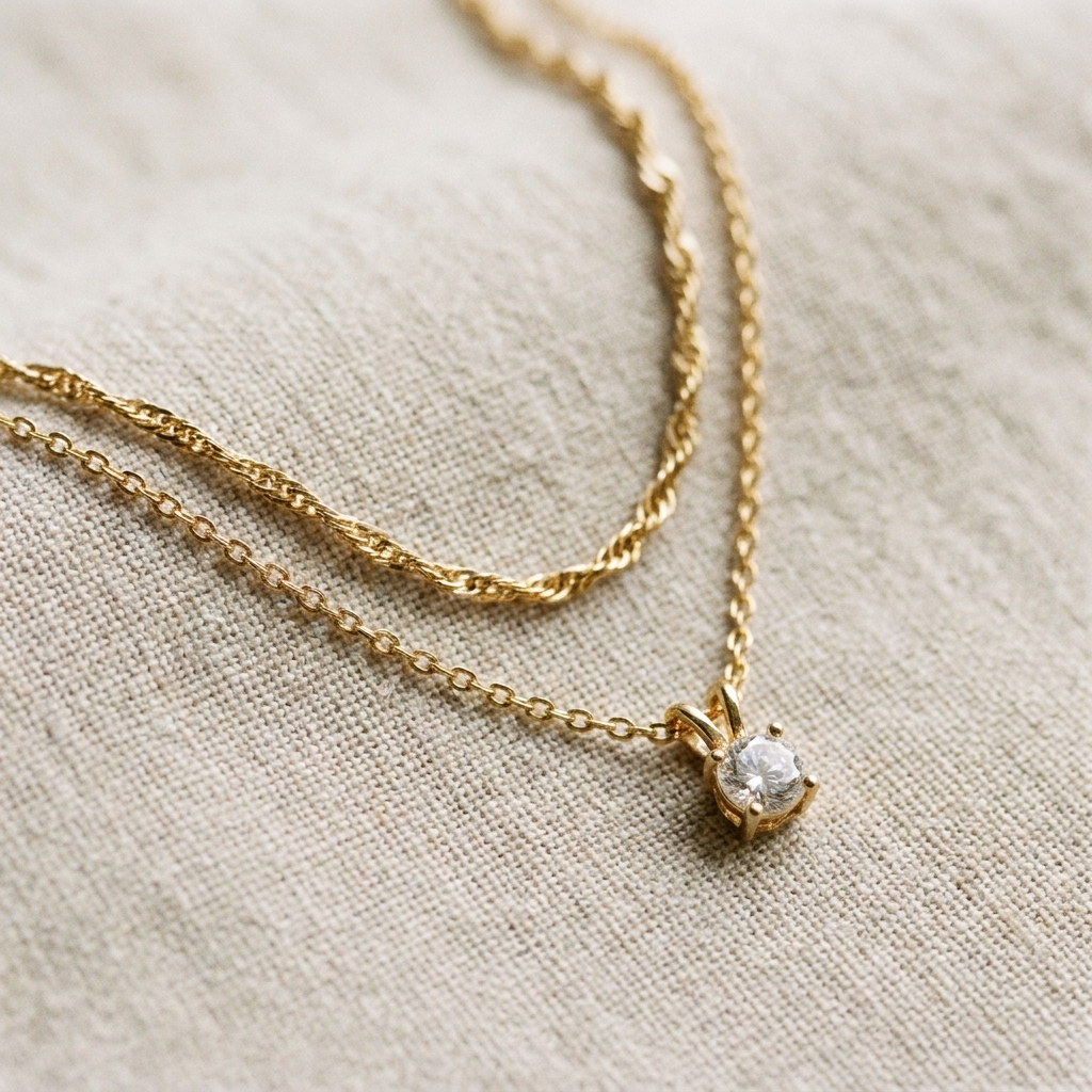 Gold CZ Solitaire Layered Necklace Set – Dainty - Plated Choker, Gift for Her
