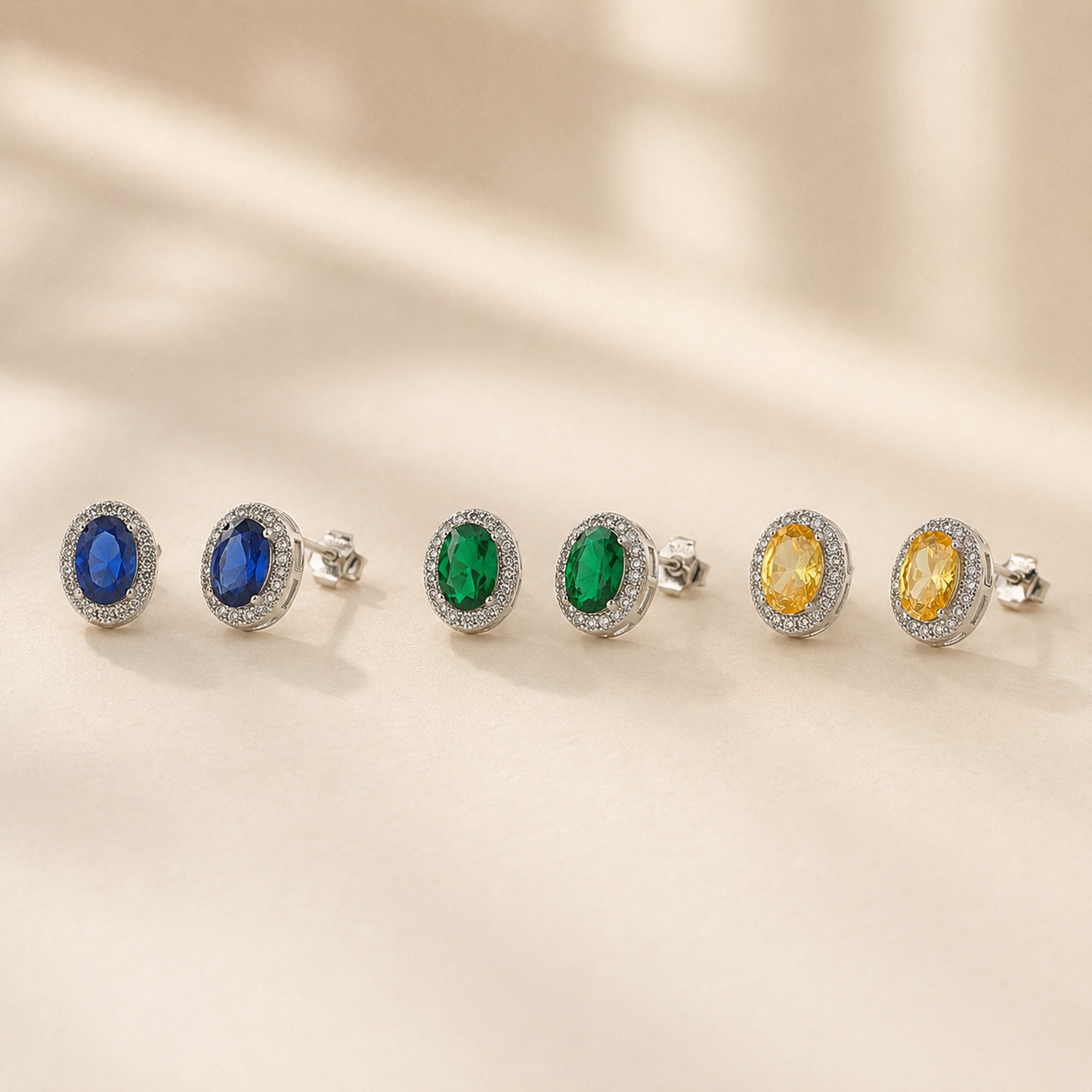 Silver Oval Crystal Halo Stud Earrings – Pavé CZ Gemstone Studs, Gift for Her