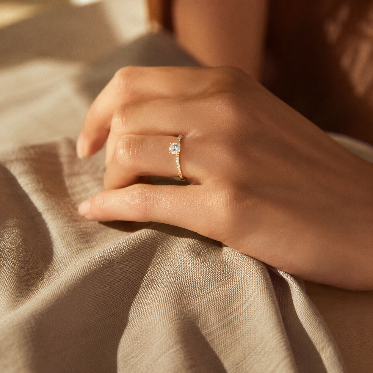 Round CZ Eternity Band – Dainty Pavé Wedding Ring, Thin Gold-Plated Stackable Engagement Ring for Women