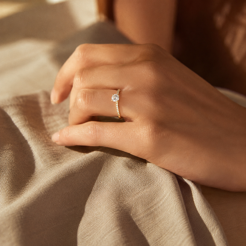 Round CZ Eternity Band – Dainty Pavé Wedding Ring, Thin Gold-Plated Stackable Engagement Ring for Women
