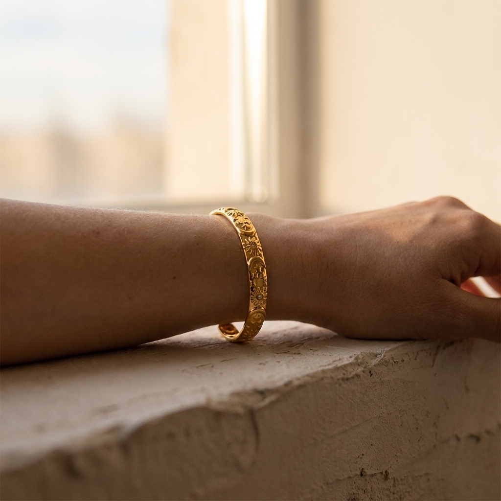 Gold Celestial Cuff Bracelet – Sun Moon Star Embossed Bangle, Stainless Steel