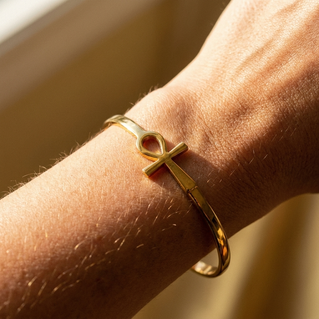 Ankh Cross Cuff Bracelet – Plated Stainless Steel Open Bangle for Women