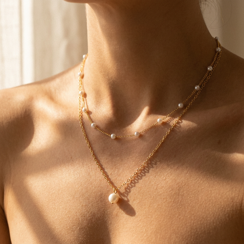 Layered Pearl Necklace – Dainty Two-Layer Pearl Chain Necklace, Minimalist Gift for Her