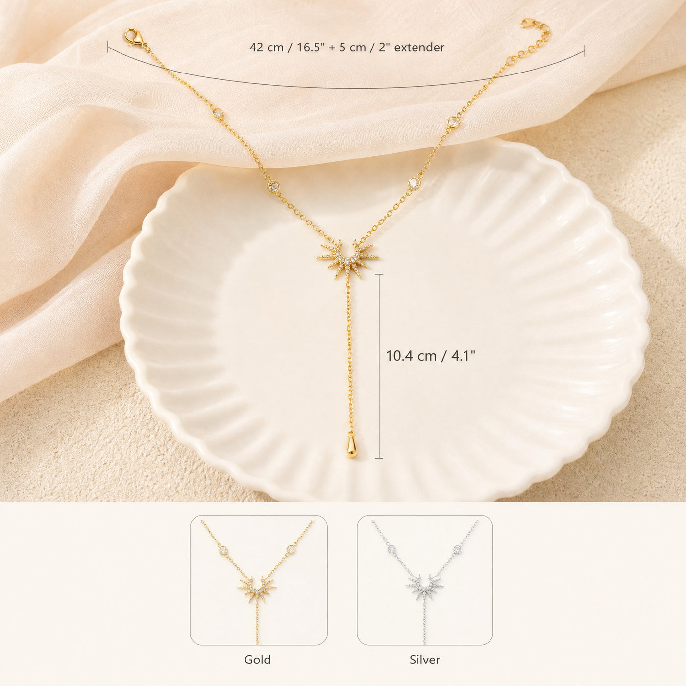 Gold Pavé Starburst Lariat Necklace – CZ Y-Drop Chain, Dainty Layering Necklace Gift for Her