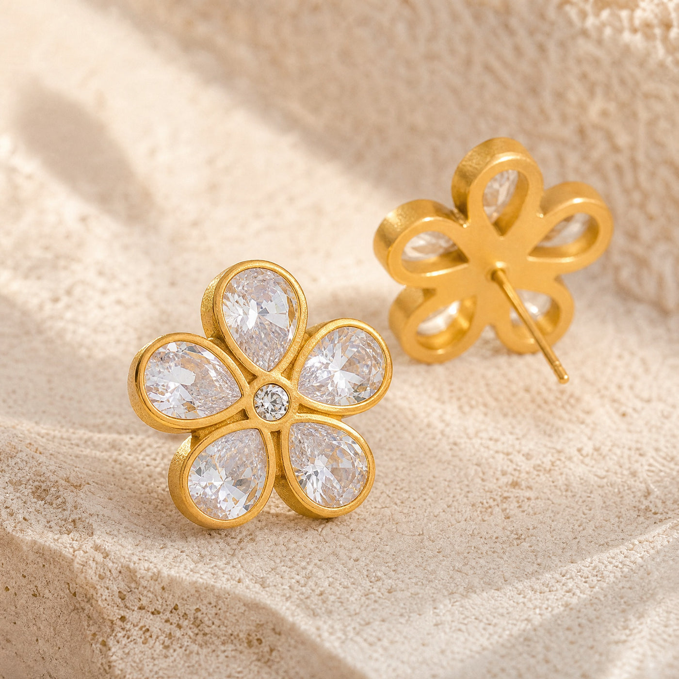 Gold CZ Flower Stud Earrings – Bezel-Set Crystal Daisy Gold Studs, Gift for Her