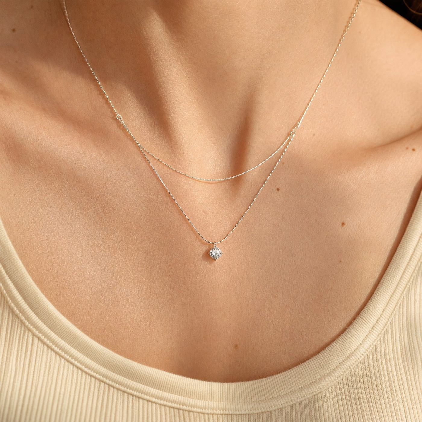 Silver Double Layer CZ Necklace – 925 Sterling Silver Dainty Layered Necklace, Gift for Her