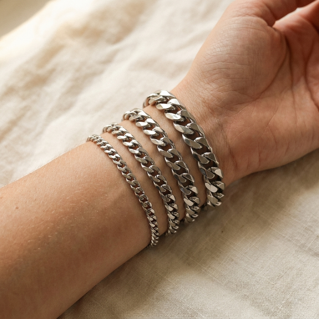 Silver Cuban Link Chain Bracelet – Stainless Steel Men Women Layering Bracelet Gift